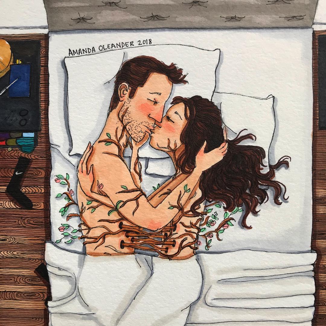 artwork of a man and woman kissing with roots in their bodies