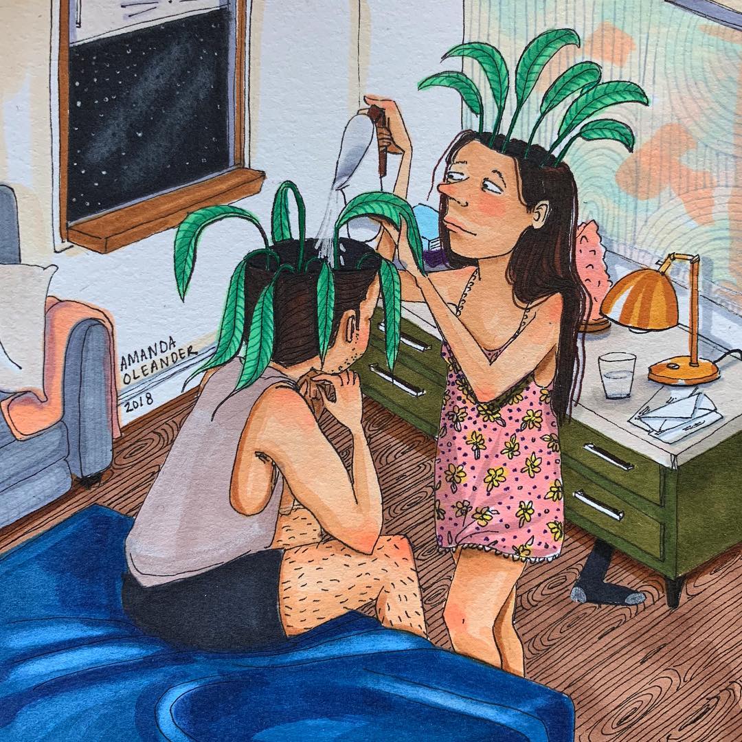 artwork of a woman watering the plants on a man's head