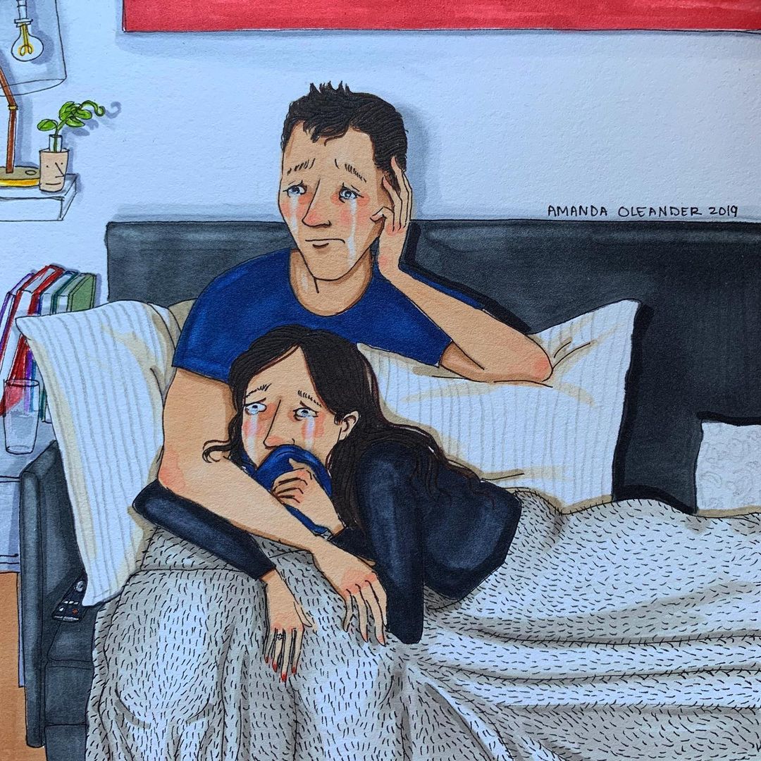 artwork of a couple crying together