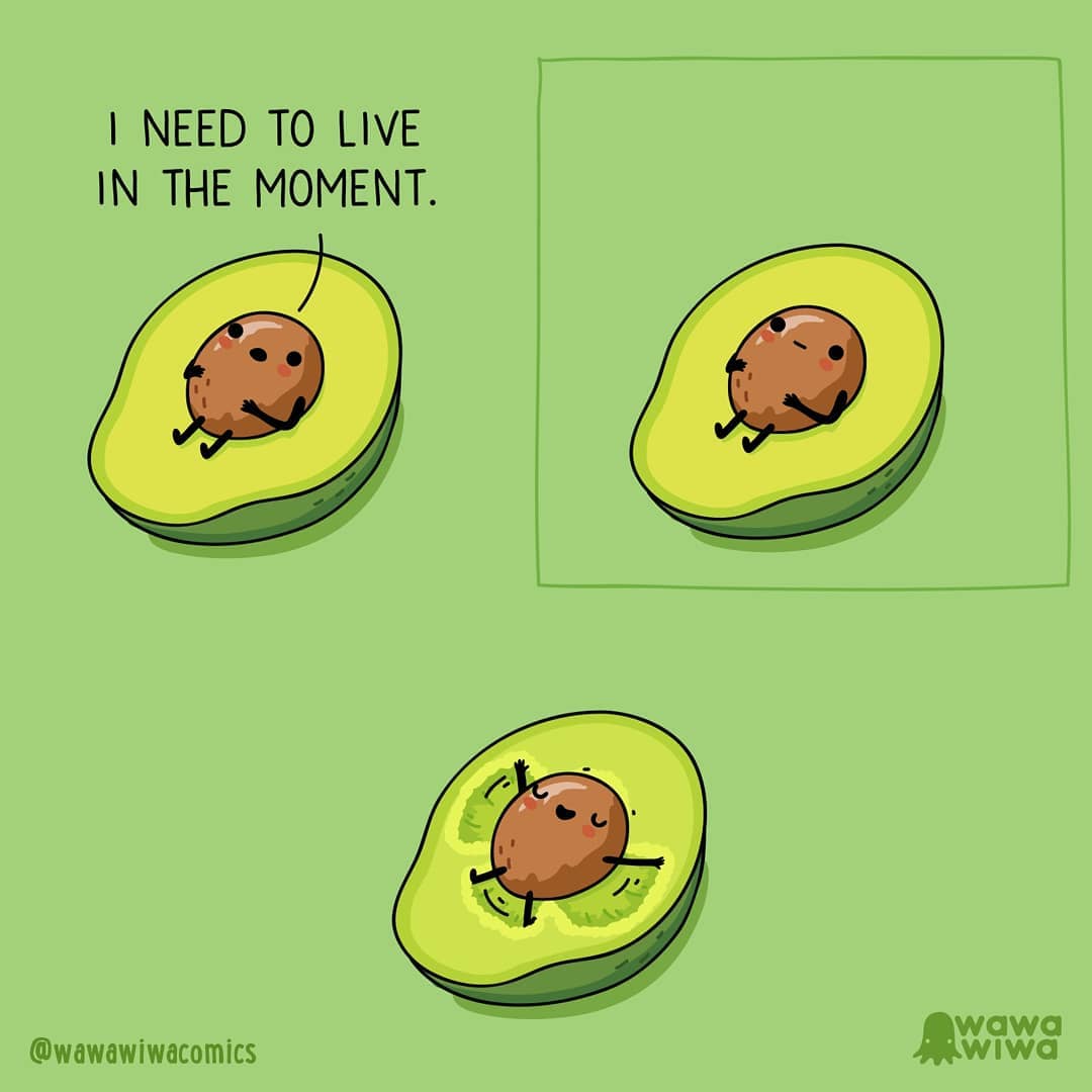 comic about an avocado saying I need to live in the moment 