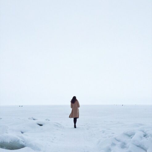 woman in brown coat on snow 