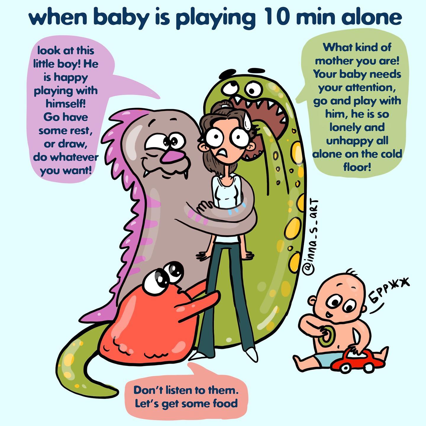  comics about a mom overthinking because her child is playing alone 