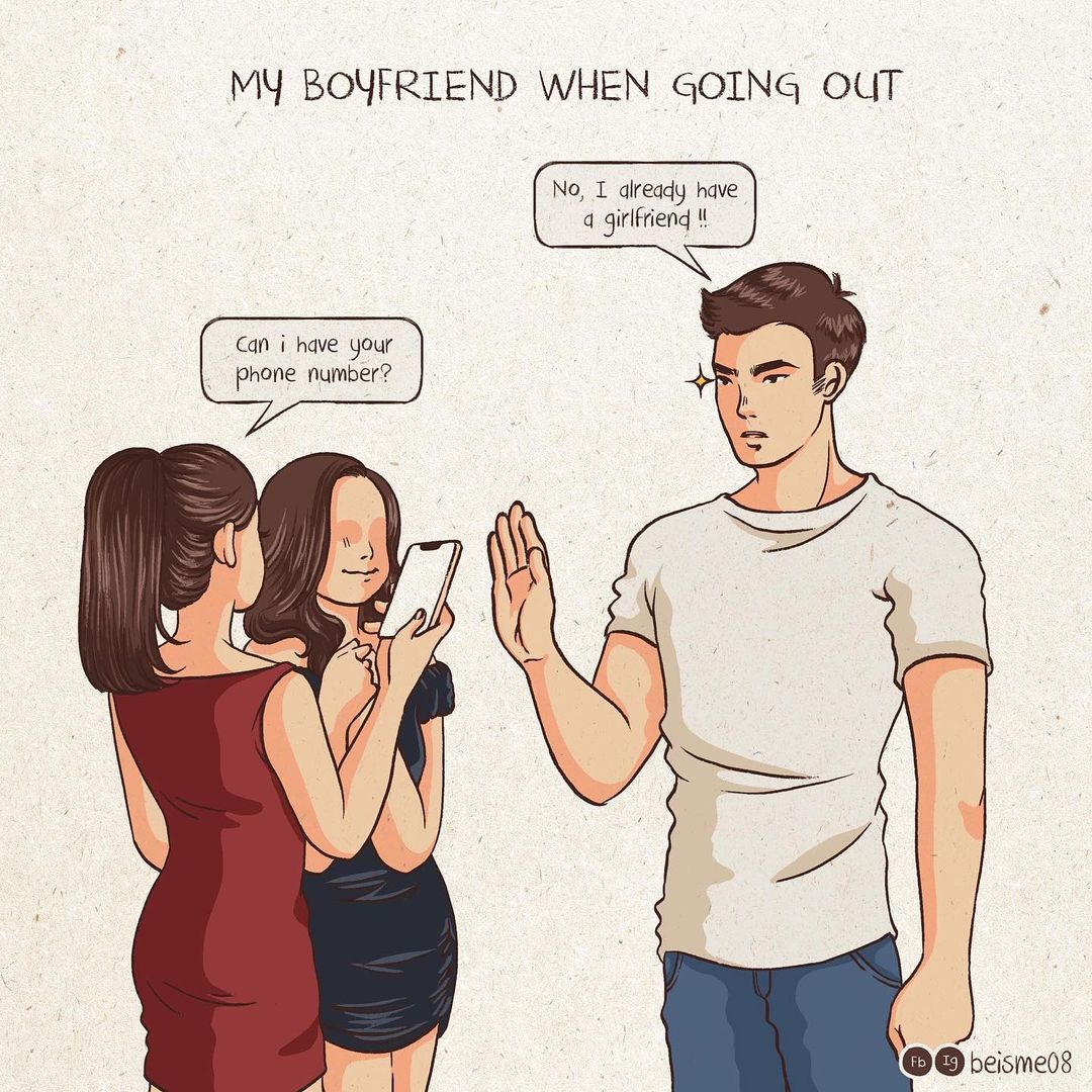 a comics of a man saying that he already has a girlfriend to two girls
