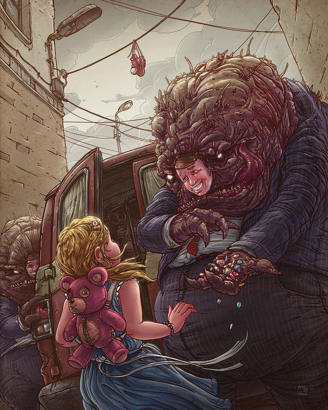 illustration of a sex offender trying to lure a target 