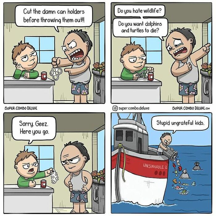 comics about a man instructing another man to cut the can holders 