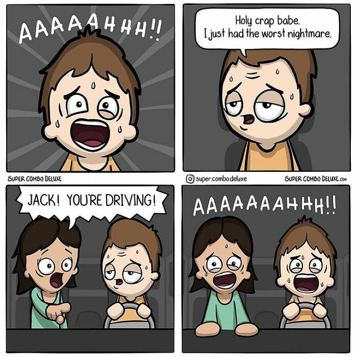 comics about a man freaking out while driving 