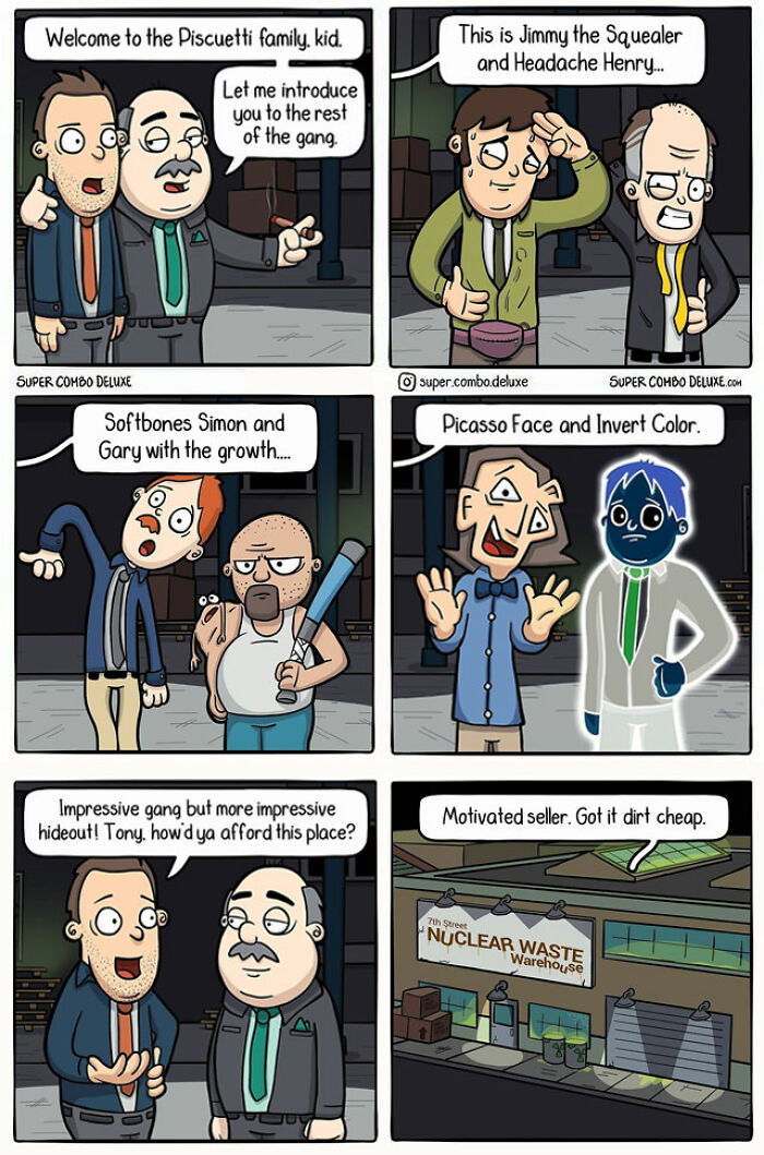 funny comics of a man introducing another man to his gang 