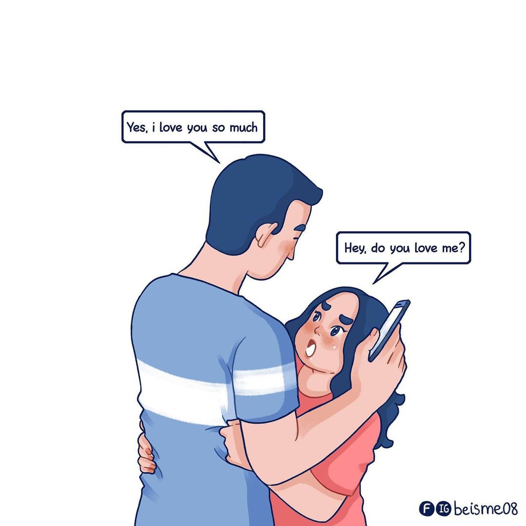 comics of a woman asking her man if he loves her