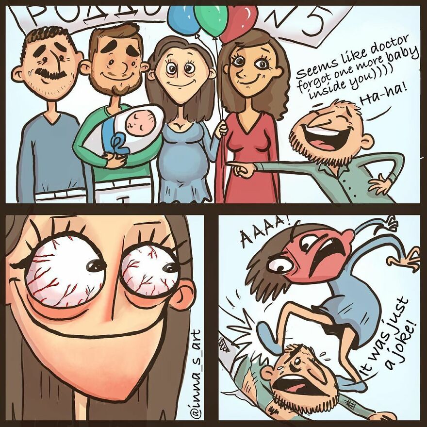 comics about a man poking fun at a mom's belly 