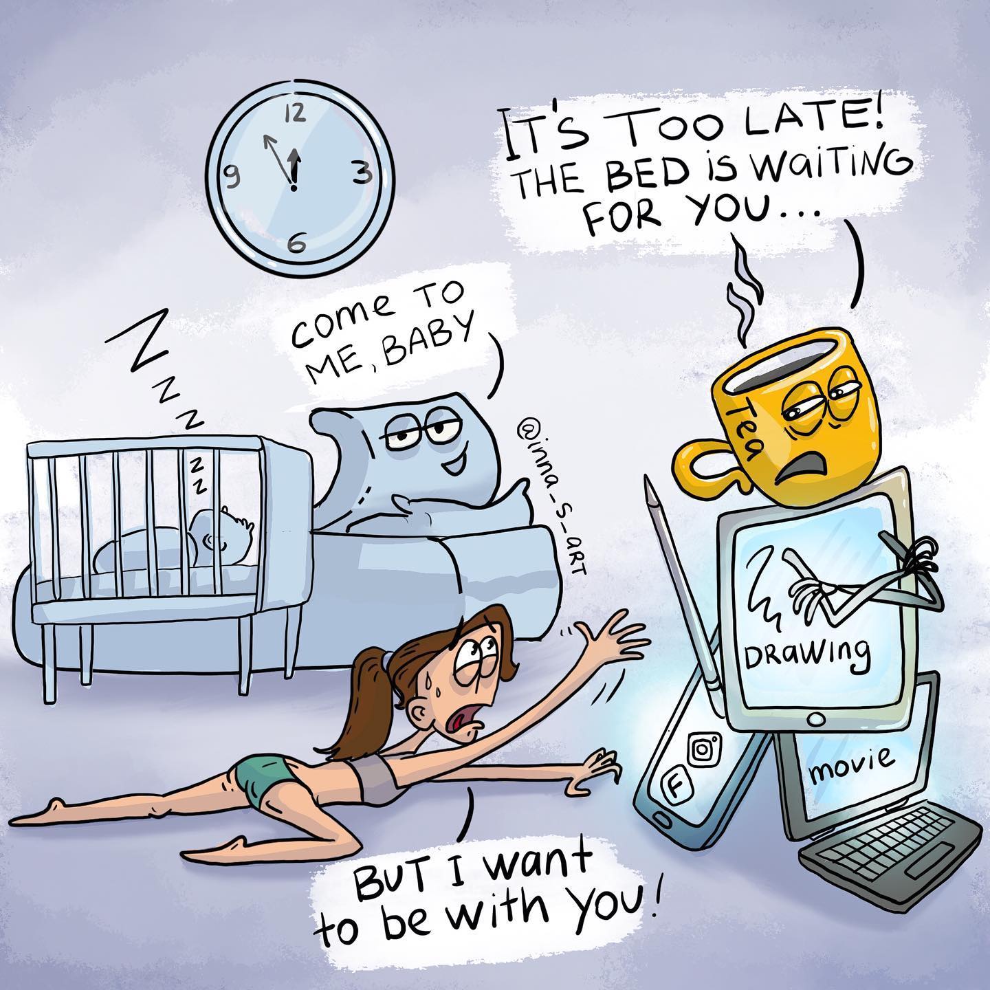 comics about a woman wanting to draw but she is sleepy