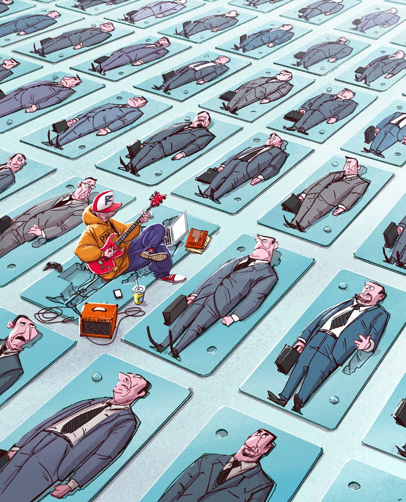 illustration of a man playing the guitar to men lying down in their corporate attires