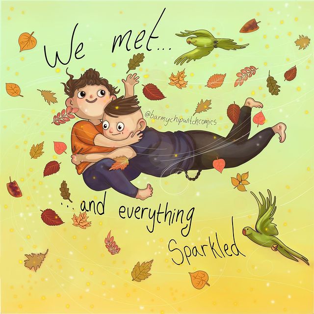comics of a couple hugging and floating in the air 