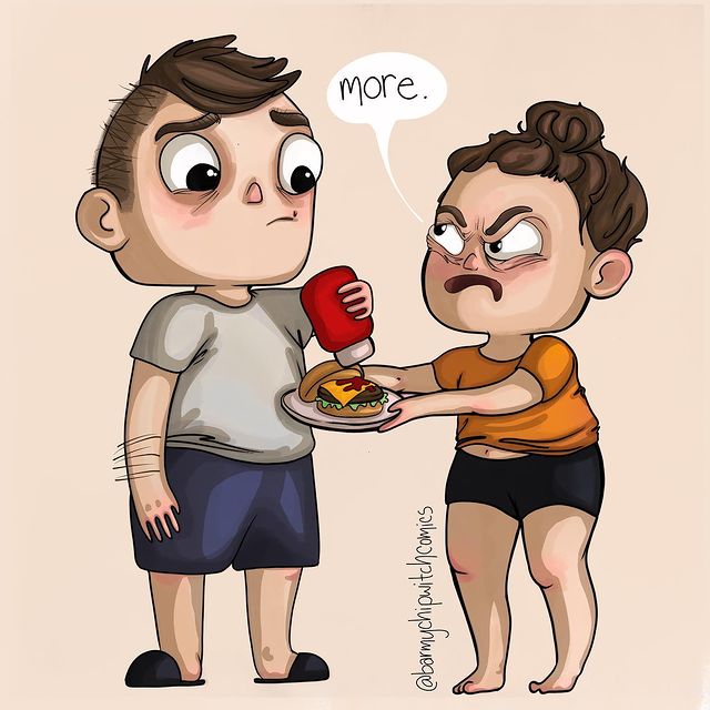  comics of woman getting mad while asking more ketchup 