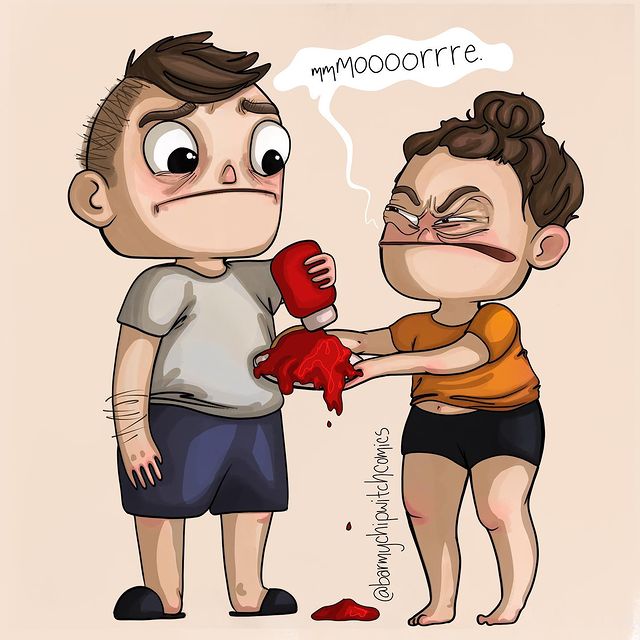 comics of woman getting mad while asking more ketchup 