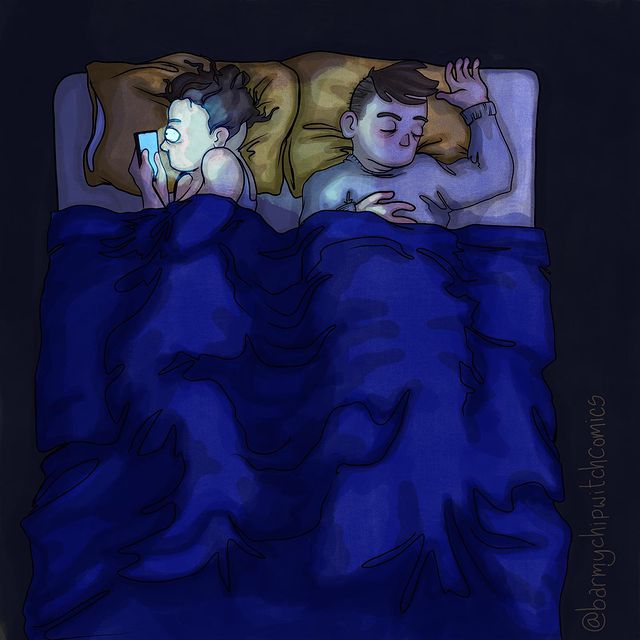  comics of a woman looking at her phone while sleeping next to her man