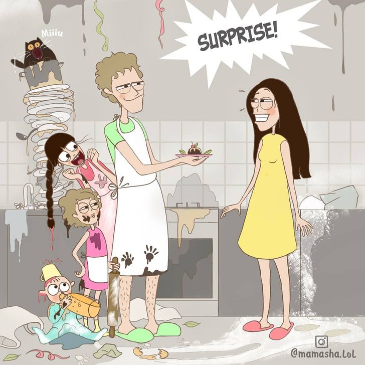 comics of a man cooking for his wife with messy background 