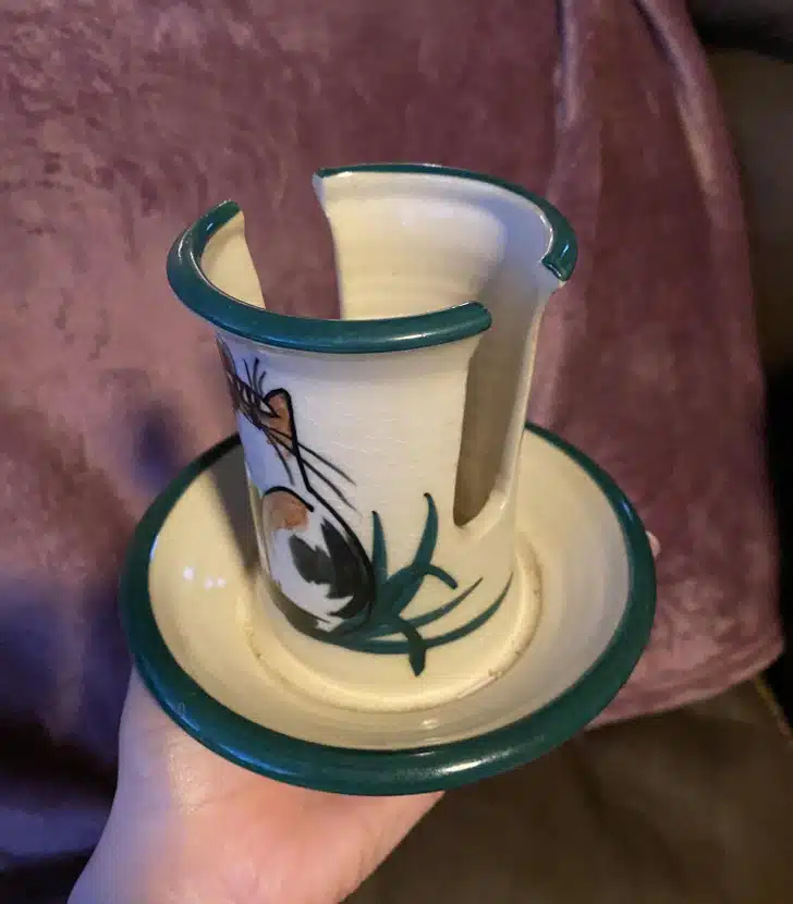 1. ’’What’s this ceramic dish with slotted cup.’’